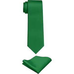 Men's Emerald Green Solid Color Imported Formal Neck Ties And Pocket Square Sets